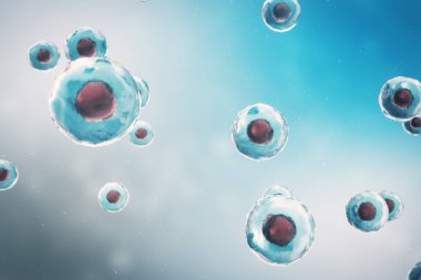 Bilimsel kavram bir canlı organizmanın hücre. İllüstrasyon mavi bir arka plan üzerinde. Moleküler seviyede bir mikroskop altında hücre yapısı. şifreli Dna hücre. 3D çizim
