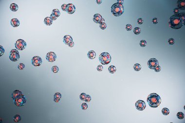 Bilimsel kavram bir canlı organizmanın hücre. İllüstrasyon mavi bir arka plan üzerinde. Moleküler seviyede bir mikroskop altında hücre yapısı. şifreli Dna hücresinde, 3d çizim
