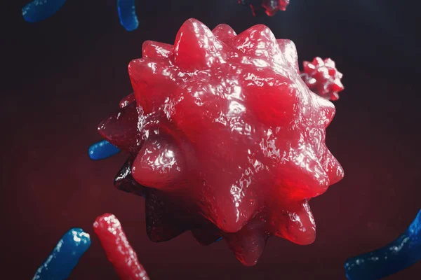 Abstrakt bakgrund virus. Begreppet vetenskap och medicin, minska immunitet i kroppen. Influensa-virus, hepatitvirus, celler som infekterar den levande organismen. 3D illustration — Stockfoto