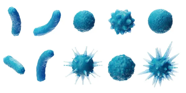 Abstrakter Hintergrund Virus. Virusgruppe. Virussymbole gesetzt. Virus isoliert auf weißem Hintergrund. bunte Bakterien, Mikroben Pilze. pathogene Viren, die einen lebenden Organismus schädigen. 3D-Illustration — Stockfoto