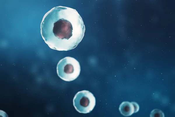 生きている有機体、科学的概念のセルです。青色の背景の図。顕微鏡下で、分子レベルで細胞の構造。セルに暗号化された Dna。3 d イラストレーション — ストック写真