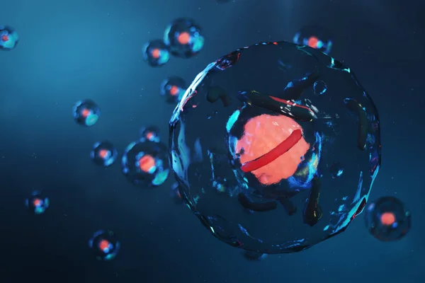 生きている有機体、科学的概念のセルです。青色の背景の図。顕微鏡下で、分子レベルで細胞の構造。セル、3 d イラストレーションで暗号化された Dna — ストック写真