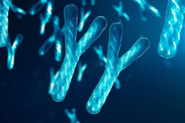 Genetik kodu taşıyan DNA ile yy-Kromozomeler. Genetik kavramı, tıp konsepti. Gelecek, genetik mutasyonlar. Biyolojik düzeyde genetik kodu değiştirme. 3D çizim