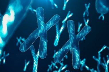 Xx-kromozomlar genetik şifreyi taşıyan Dna ile. Genetik kavramı, tıp kavramı. Gelecekte, Genetik mutasyonlar. Biyolojik düzeyinde genetik kod değiştirme. 3D çizim