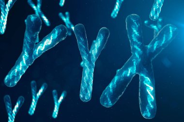 Genetik kodu taşıyan DNA ile yyx-kromozomlar. Genetik kavramı, tıp konsepti. Gelecek, genetik mutasyonlar. Biyolojik düzeyde genetik kodu değiştirme. 3D çizim