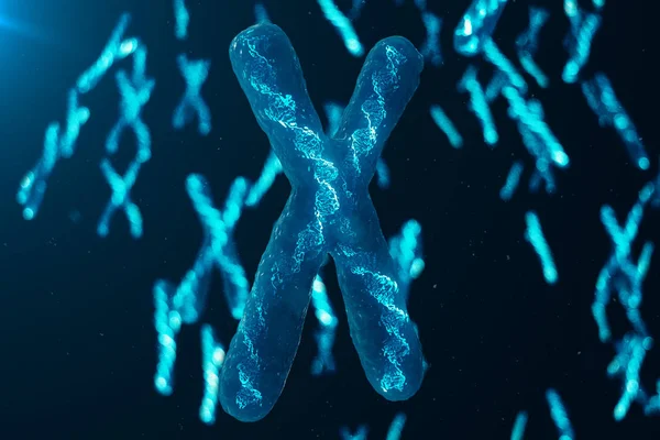 X-Chromosomes with DNA carrying the genetic code. Genetics concept, medicine concept. Future, genetic mutations. Changing the genetic code at the biological level. 3D illustration