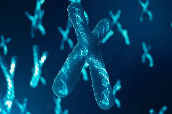 Х-хромосомы с ДНК, несущей генетический код. Концепция генетики, медицина. Будущее, генетические мутации. Изменение генетического кода на биологическом уровне. 3D иллюстрация — стоковое фото