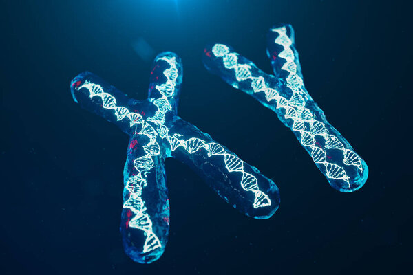 XY-Chromosomes with DNA carrying the genetic code. Genetics concept, medicine concept. Future, genetic mutations. Changing the genetic code at the biological level. 3D illustration