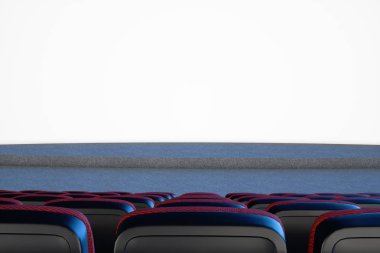 Mavi ışık ile sinema konsepti. Boş ekran ile sinema salonunda kırmızı sandalyeler. 3D çizim