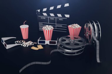 Sinema film concpet patlamış mısır, 3d gözlük, film şeridi, Klaket film reel ve iki bilet. Film Film siyah arka plan, 3d çizim
