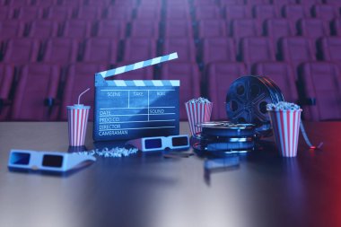 Sinema filmi izliyor. 3D gözlük, film Clapper, film makara, patlamış mısır ve film şeridi ile kompozisyon. Mavi ışık ile sinema konsepti. Arka planda sinema salonunda kırmızı sandalyeler. 3D çizim