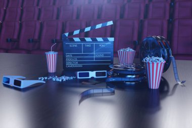 Sinema film concpet patlamış mısır, 3d gözlük, film şeridi, Klaket film reel ve iki bilet. Sinema kavramı mavi ışık ile. Kırmızı sandalye sinema salonu içinde belgili tanımlık geçmiş. 3D çizim