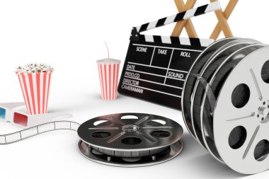 3D illüstrasyon, yönetmen koltuğu, film clapper, patlamış mısır, 3d gözlük, film şeridi, film reel ve gazlı içecek beyaz arka plan üzerinde izole fincanla. Sinema endüstrisi kavramı.