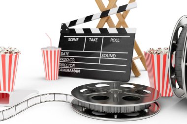 3D illüstrasyon, yönetmen koltuğu, film clapper, patlamış mısır, 3d gözlük, film şeridi, film reel ve gazlı içecek beyaz arka plan üzerinde izole fincanla. Sinema endüstrisi kavramı.