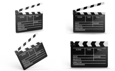 Açık ve kapalı film clapper veya beyaz arka plan üzerinde izole Klaket kümesidir. Metniniz için alanları ile siyah film tokmağı. Film endüstrisi konusu. 3D çizim