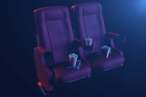 Cinema film concpet with popcorn, 3d glasses, popcorn and cup with a drink. Cinema concept wtih blue light. Red chairs in the cinema hall, 3D illustration