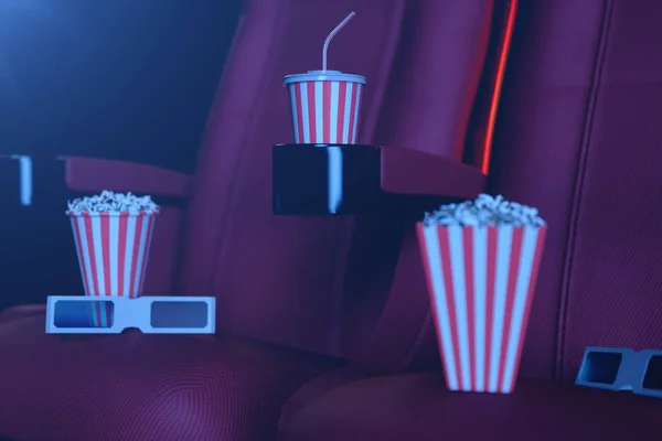 3D ilustrace s popcornem, 3D sklenicemi a křesly, s modrým světlem. Filmová síň a divadlo. Rudé židle v kino. — Stock fotografie