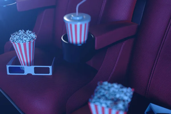 Cinema film concpet with popcorn, 3d glasses, popcorn and cup with a drink. Cinema concept wtih blue light. Red chairs in the cinema hall. 3D illustration