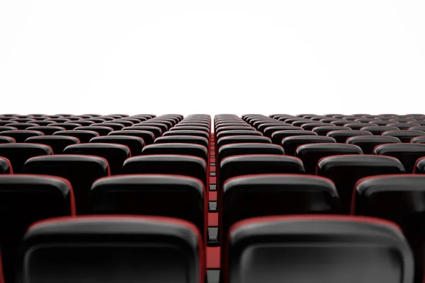 Cine con asientos vacíos, pantalla en blanco, maqueta. Concepto de película. Ilustración 3D — Foto de Stock