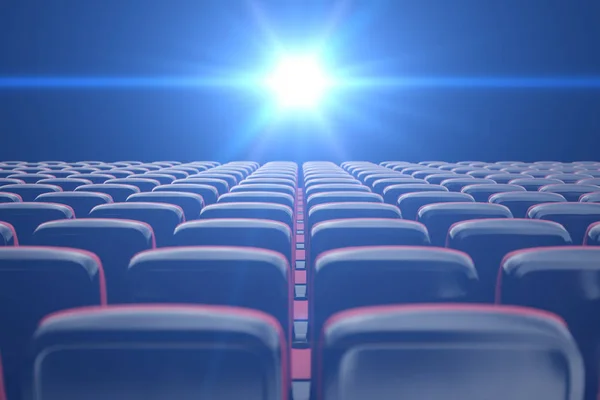 Concetto cinema, brillante colore blu nel cinema. Righe di sedie con posti vuoti. Illustrazione 3d — Foto Stock