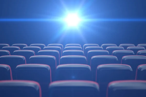 Концептуальне кіно, сяючий синій колір у кінотеатрі. Рядки стільців з порожніми сидіннями. 3d ілюстрація — стокове фото