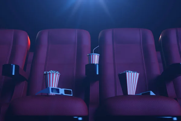 Ilustración 3D con vasos 3D, palomitas de maíz, taza con una bebida. Concepto de cine con luz azul. Sillas rojas en la sala de cine . —  Fotos de Stock