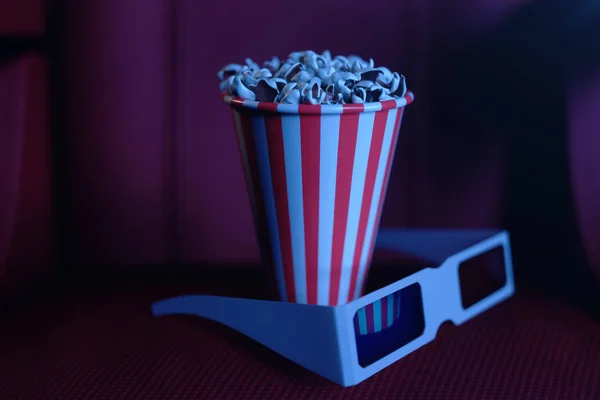 Popcorn ile 3D illüstrasyon, 3D gözlük ve sandalyeler, mavi ışık ile. Konsept sinema salonu ve tiyatro. Sinema salonunda kırmızı sandalyeler. — Stok fotoğraf