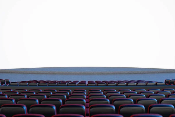 Concetto di cinema con luce blu. Sedie rosse nella sala cinema con schermo bianco. Illustrazione 3D — Foto Stock