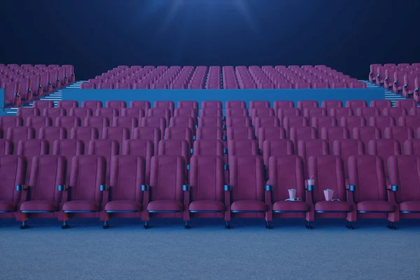 Cinema a ver filmes. Composição com óculos 3d, pipoca e xícara com uma bebida. Conceito de cinema com luz azul. Ilustração 3D — Fotografia de Stock