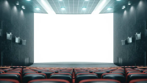 Ruang bioskop dengan layar kosong dan kursi kosong. Desain modern dengan pencahayaan mencolok, lampu neon. Sistem audio di dinding. Ruang bioskop tanpa orang. Layar putih dengan ruang fotokopi, ilustrasi 3D — Stok Foto