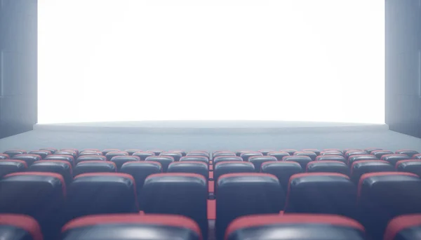Sala de cine con pantalla en blanco y asientos vacíos. Diseño moderno con iluminación llamativa, iluminación de neón. Sistema de audio en las paredes. Sala de cine sin gente. Pantalla blanca con espacio de copia, ilustración 3D — Foto de Stock