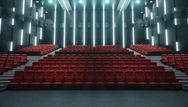 Sala de cinema com tela em branco e assentos vazios. Design moderno com iluminação impressionante, iluminação de néon. Sistema de áudio nas paredes. Sala de cinema sem pessoas. Tela branca com espaço de cópia, ilustração 3D — Fotografia de Stock