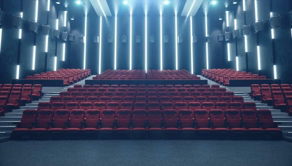 Cinema hall with blank screen and empty seats. Modern design with striking lighting, neon lighting. Audio system on the walls. Cinema hall without people. White screen with copy space, 3D illustration