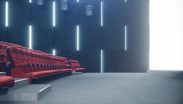 Sala cinema con schermo bianco e posti vuoti. Design moderno con illuminazione sorprendente, illuminazione al neon. Sistema audio sui muri. Cinema senza persone. Schermo bianco con spazio di copia, illustrazione 3D — Foto Stock