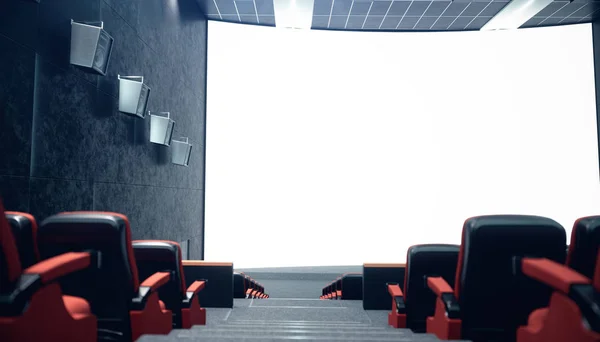 Sala de cine con pantalla en blanco y asientos vacíos. Diseño moderno con iluminación llamativa, iluminación de neón. Sistema de audio en las paredes. Sala de cine sin gente. Pantalla blanca con espacio de copia, ilustración 3D — Foto de Stock