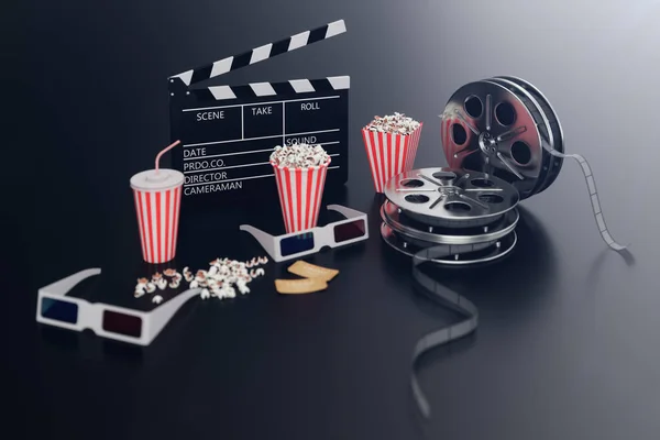 Sinema film izlerken. 3d gözlük, film Klaket, film makarası, patlamış mısır ve film şeridi sinema kavramı ile kompozisyon. Banner tasarımınız için. 3D çizim — Stok fotoğraf