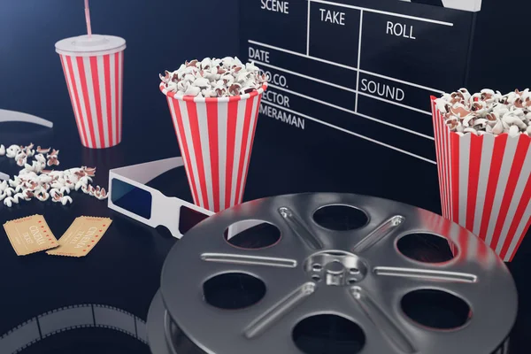 3D illustratie van popcorn, dranken, clapperboard, Filmstrip en twee tickets. Cinema concept op donkere achtergrond — Stockfoto