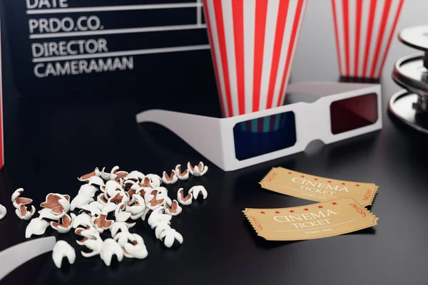 3D illustration with popcorn, cinema reel, clapperboard and two tickets at black backgorund with blue light. Concept cinema and theater