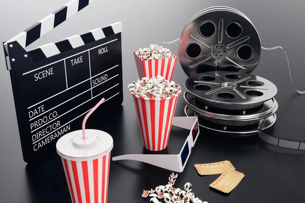 Película de cine viendo. Composición con gafas 3D, aplaudidor de película, carrete de película, palomitas de maíz y filmstrip concepto de cine. Banner para su diseño. Ilustración 3D —  Fotos de Stock