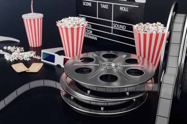 Cinema film concpet met popcorn, 3D-bril, Filmstrip, clapperboard Movie Reel en twee tickets. Filmfilm zwarte achtergrond, 3D illustratie — Stockfoto