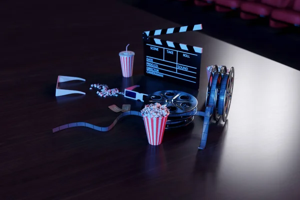 Ilustración 3D de palomitas de maíz, bebidas, clapperboard, tira de película y dos entradas. Concepto de cine con luz azul. Sillas rojas en la sala de cine en el fondo . —  Fotos de Stock