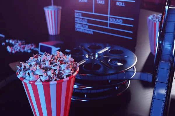 Cinema film concpet with popcorn, 3d glasses, filmstrip, clapperboard movie reel and two tickets. Cinema concept wtih blue light. Red chairs in the cinema hall in the background, 3D illustration