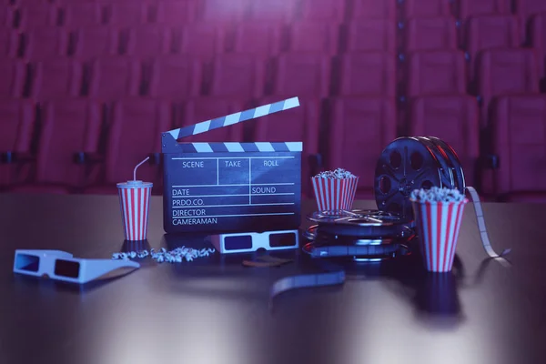 3D illustratie van popcorn, dranken, clapperboard, Filmstrip en twee tickets. Cinema concept met blauw licht. Rode stoelen in de bioscoopzaal op de achtergrond. — Stockfoto