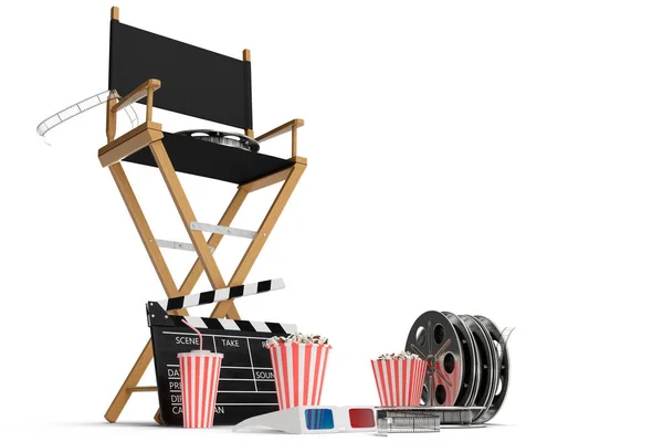 Ilustración 3D, silla de director, aplaudidor de película, palomitas de maíz, gafas 3d, tira de película, carrete de película y taza con bebida carbonatada aislada sobre fondo blanco. Concepto de industria cinematográfica . —  Fotos de Stock