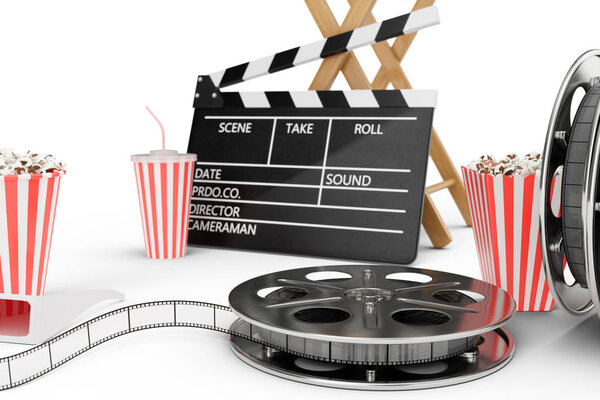 3D illustration, director chair, movie clapper, popcorn, 3d glasses, film strip, film reel and cup with carbonated drink isolated on white background. Cinema Industry Concept