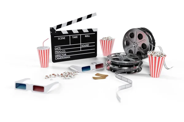 Illustration 3D, chaise de réalisateur, applaudisseur de film, pop-corn, lunettes 3D, bande de film, bobine de film et tasse avec boisson gazeuse isolée sur fond blanc. Concept de l'industrie cinématographique . — Photo
