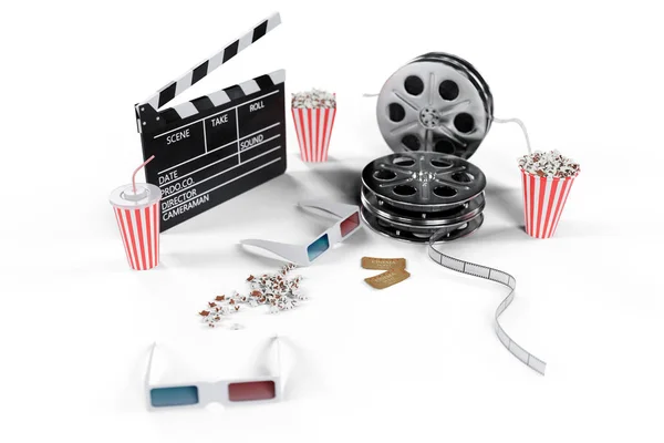 3D illustratie, regisseur stoel, film klep, popcorn, 3D bril, Filmstrip, filmrol en beker met koolzuurhoudende drank geïsoleerd op witte achtergrond. Cinema Industry concept. — Stockfoto