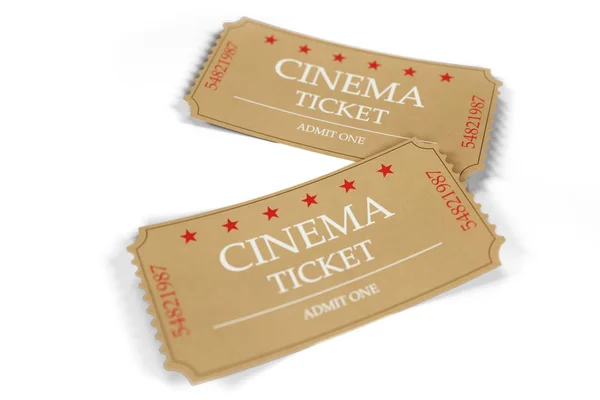 Two cinema tickets isolated on white background, top view, close-up. 3d illustration