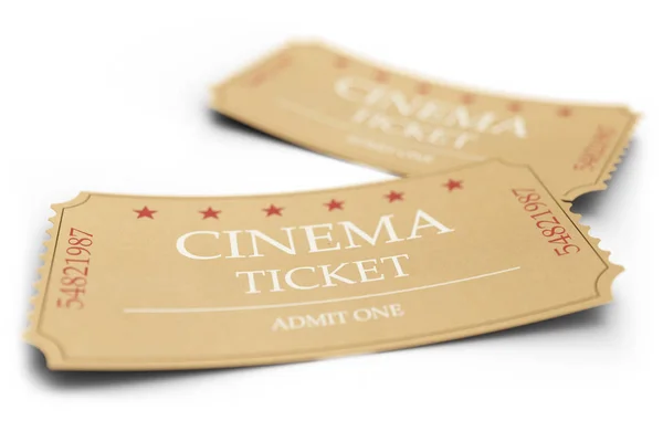 Deux tickets de cinéma isolés sur fond blanc, avec effet de profondeur de champ, gros plan. Le cinéma admet un billet fait de papier texturé. Illustration 3d — Photo