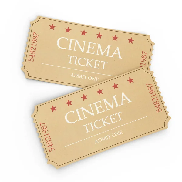 Two cinema tickets isolated on white background, top view, close-up. 3d illustration